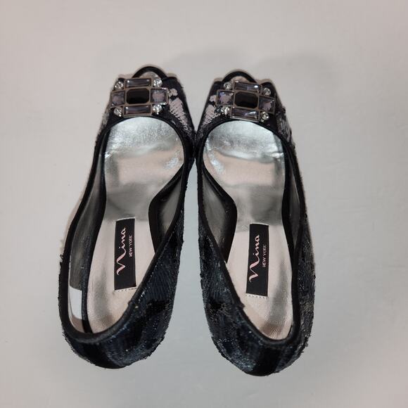 NINA NEW YORK Evan Heel Womens 8M Black Silver Sequins Satin Platform Peep Toe - Picture 7 of 11